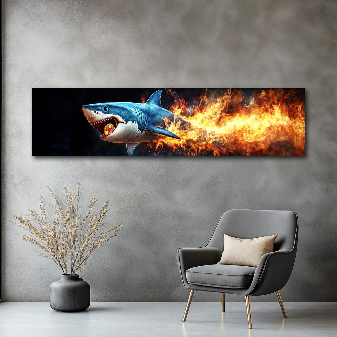 Fire Breathing Shark Flames Panoramic Action Animal Art Poster - Image 2