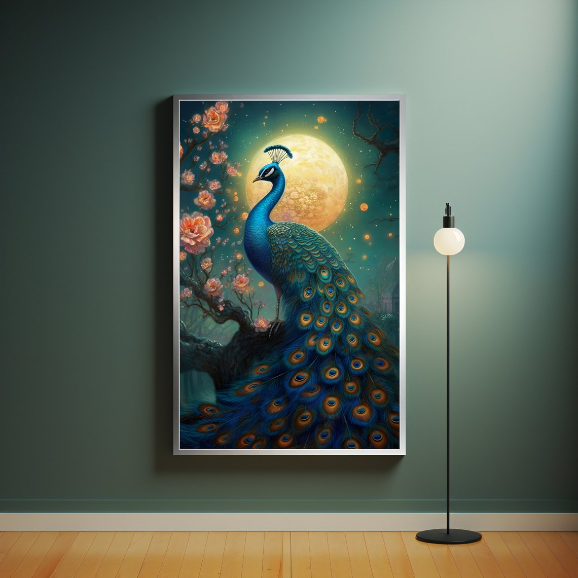 Moonlit Peacock Cherry Blossom Night Garden Turquoise Blue Wall Poster - Image 4