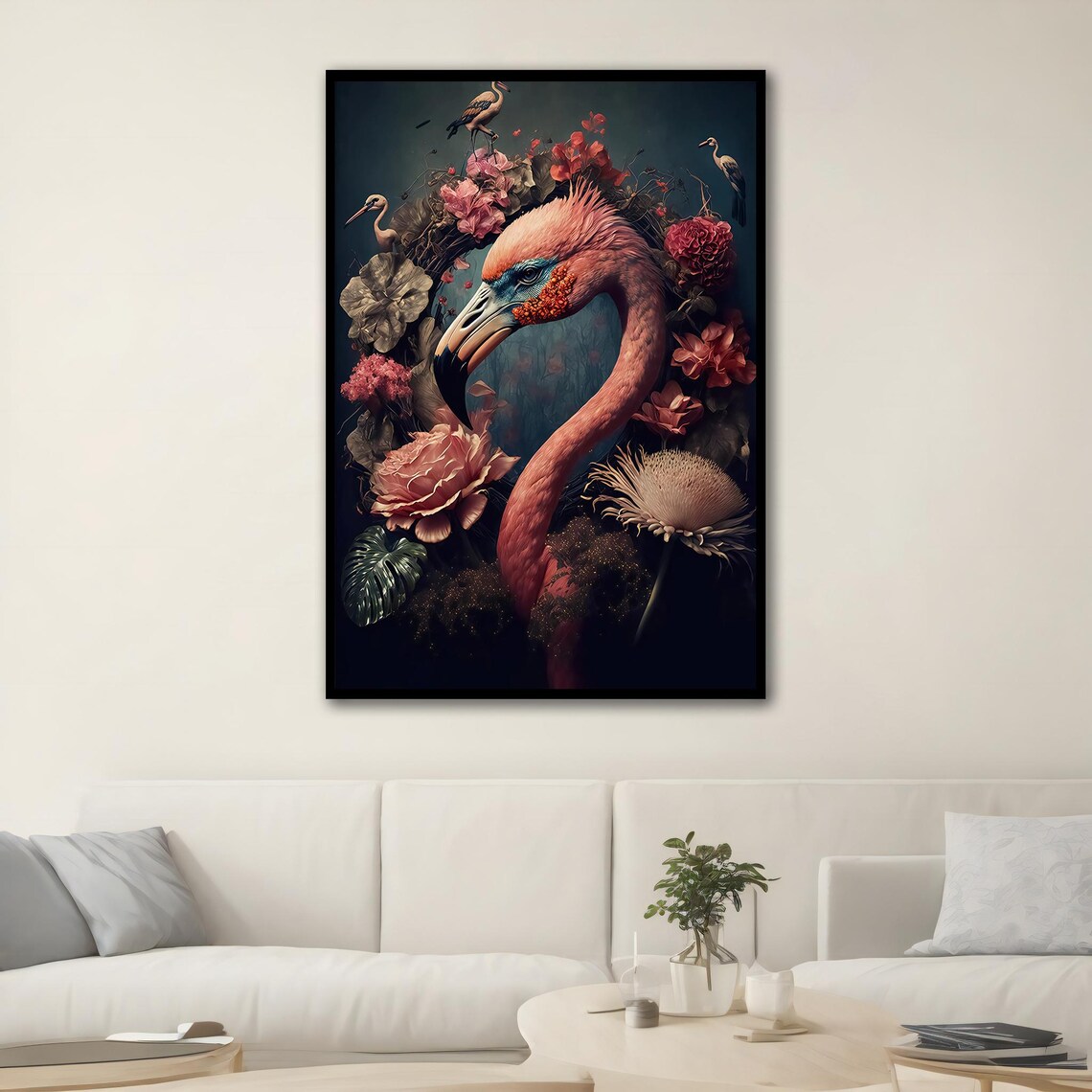 Pink Flamingo Flowers Dark Moody Tropical Floral Bird Art Poster - Image 2