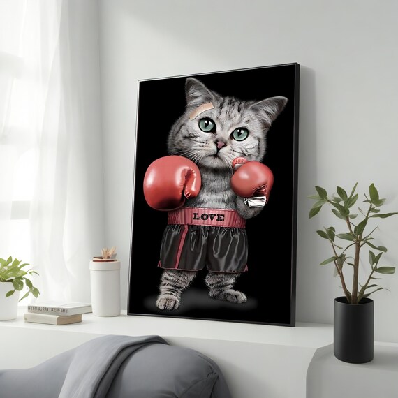Cute Boxer Cat In Red Gloves LOVE Shorts Funny Animal Wall Art Poster