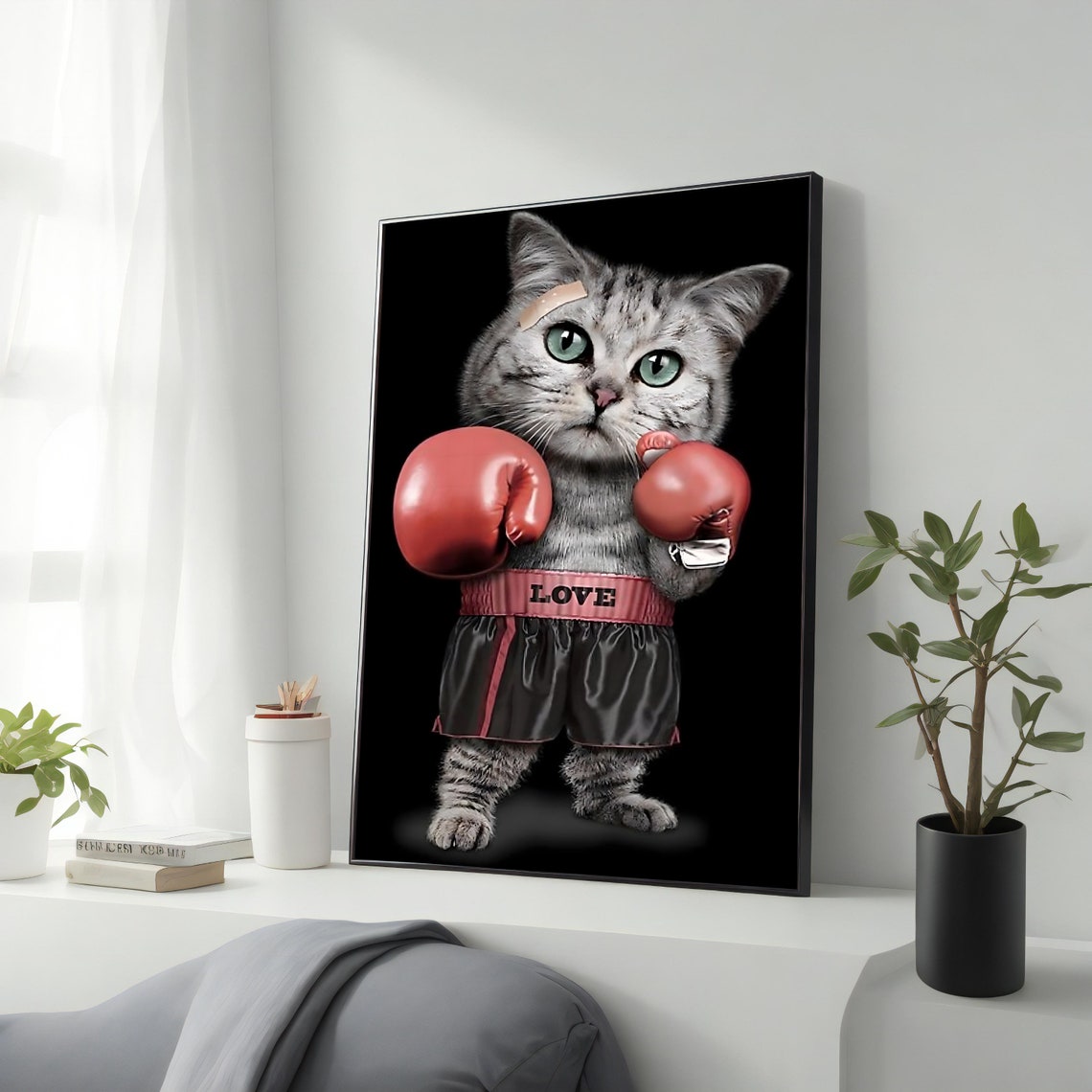 Cute Boxer Cat In Red Gloves LOVE Shorts Funny Animal Wall Art Poster