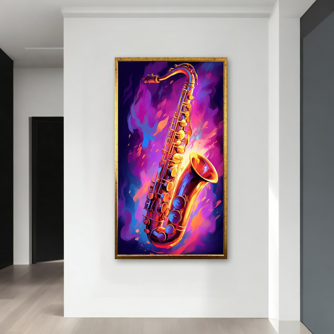 Neon Saxophone in Purple and Orange Flames Vibrant Jazz Music Art Poster - Image 4