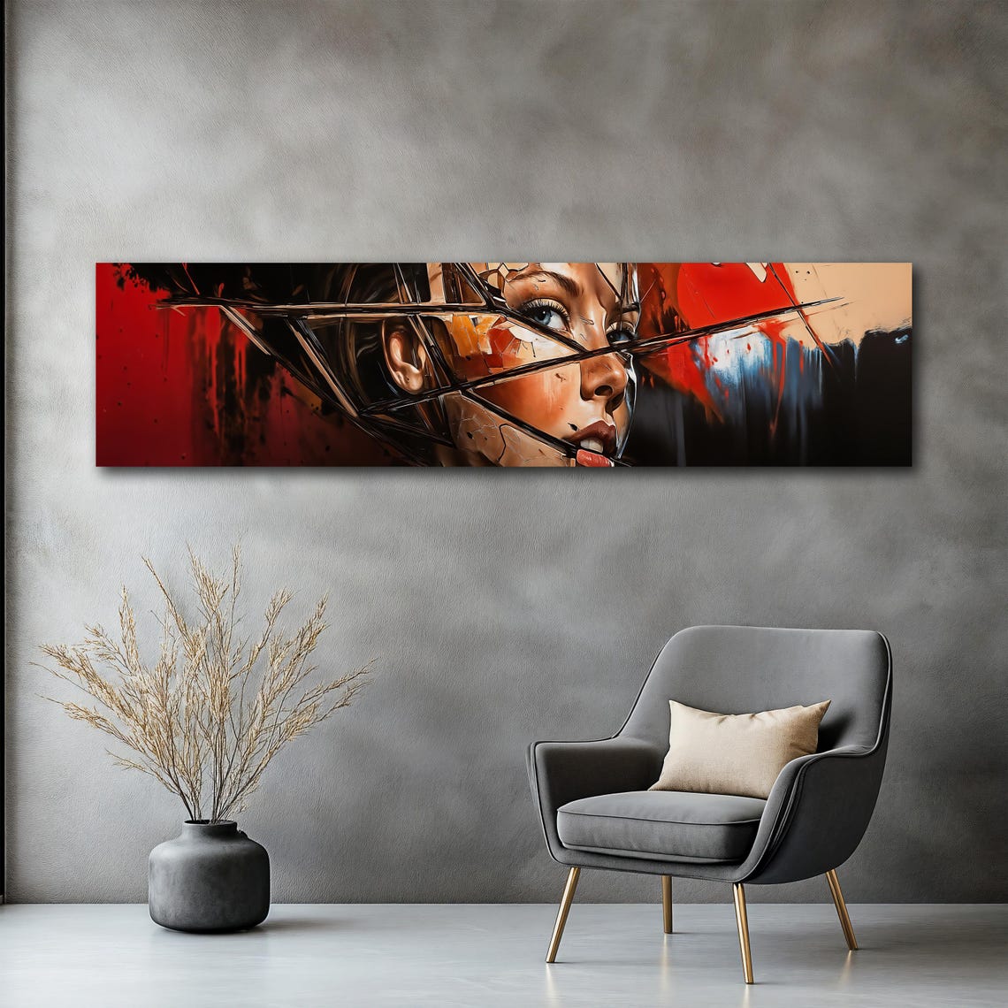 Shattered Glass Woman Portrait Red Black Panoramic Art Poster - Image 2