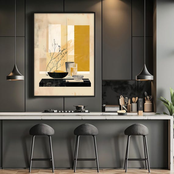 Modern Abstract Still Life Wall Art Minimalist Print With Geometric Shapes Neutral Tones And Botanical Elements Ready To Hang