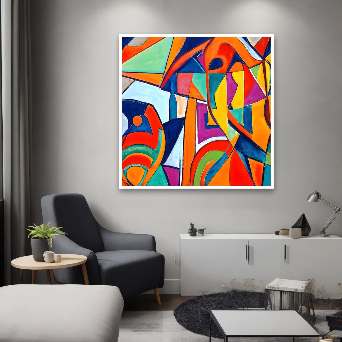 Colorful Geometric Cubist Abstract Orange Blue Bold Modern Art Poster - Image 2