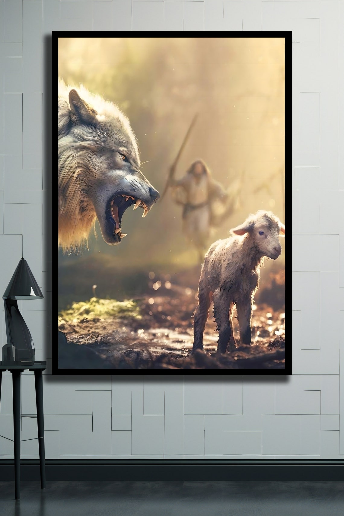 Jesus Running To Save The Lamb From The Wolf Christian Wall Art Poster - Image 2