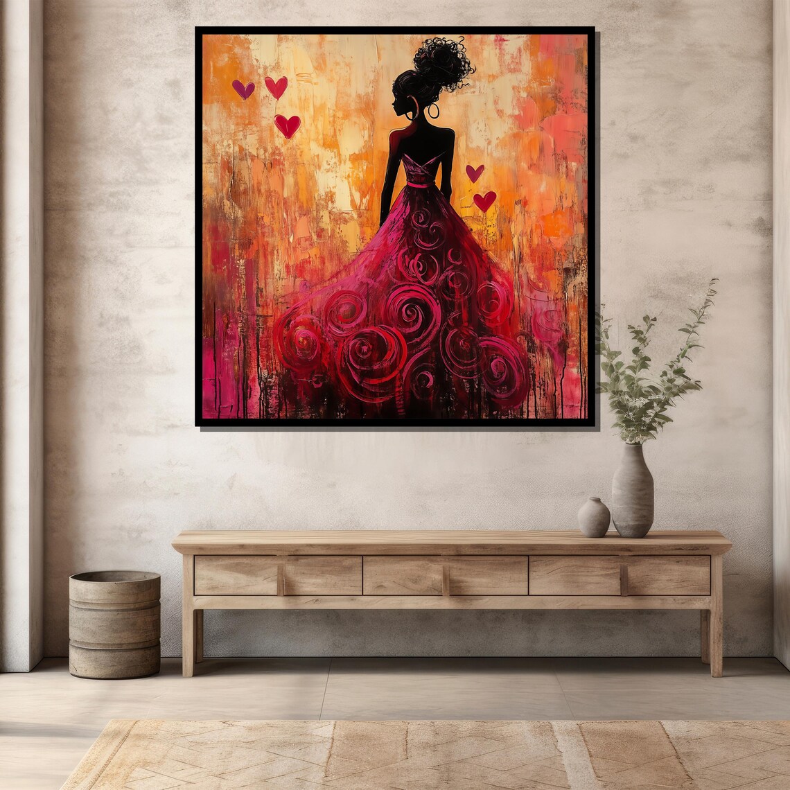 Elegant Woman Red Dress Silhouette Hearts Abstract Fashion Wall Poster - Image 3