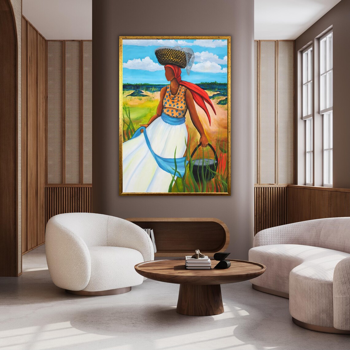 Woman Carrying Basket On Head Field Walk Folk Art Painting Poster - Image 2