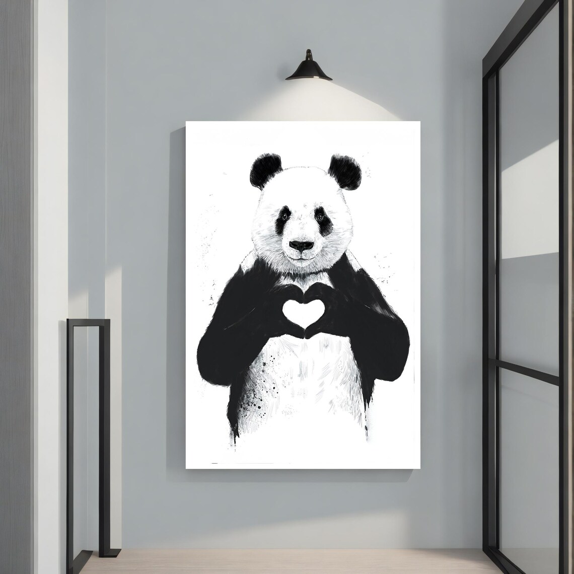 Sweet Panda Holding Heart Black And White Cute Animal Love Poster - Image 2