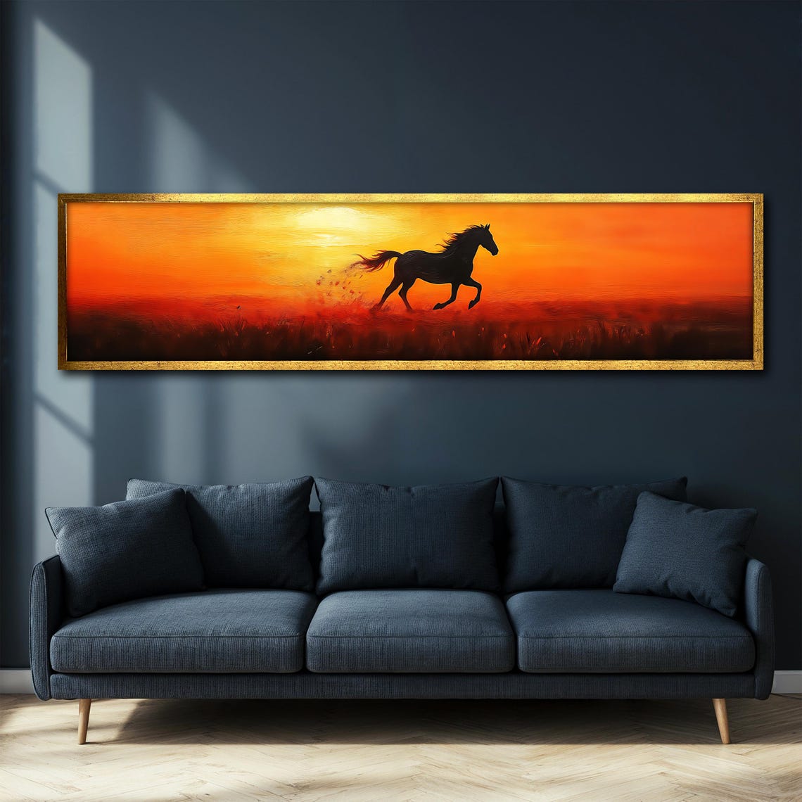 Running Horse Fiery Sunset Panoramic Silhouette Gallop Art Poster