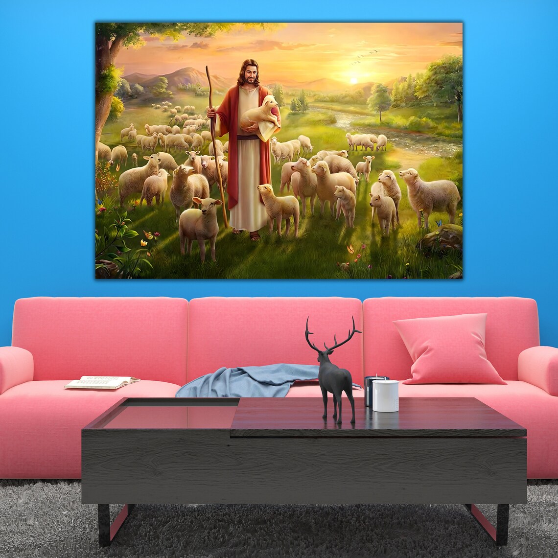 Jesus Good Shepherd Holding Lamb Flock Of Sheep Golden Sunset Field Poster - Image 2
