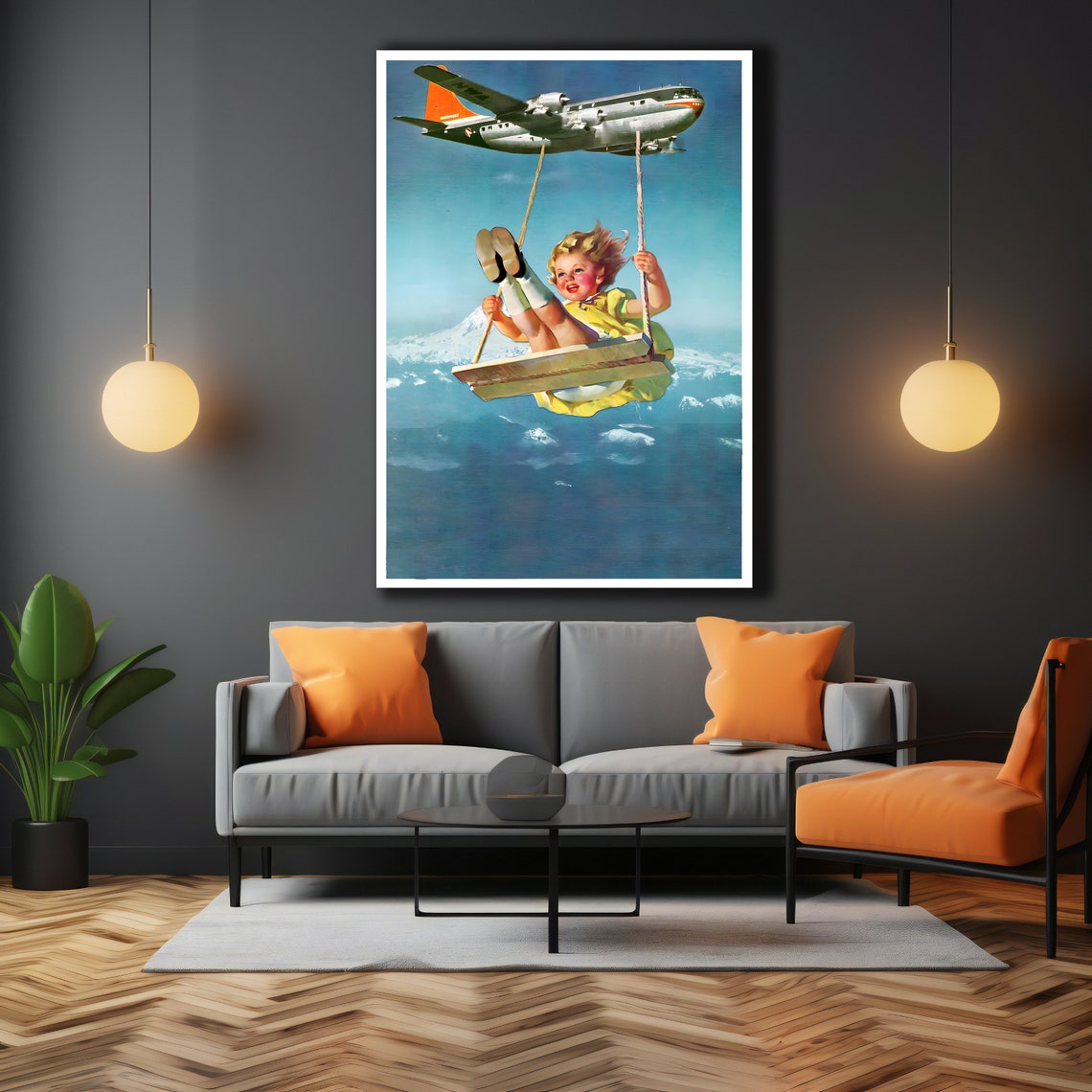 Surreal Child Swing Flying Airplane Whimsical Vintage Sky Art Poster - Image 3