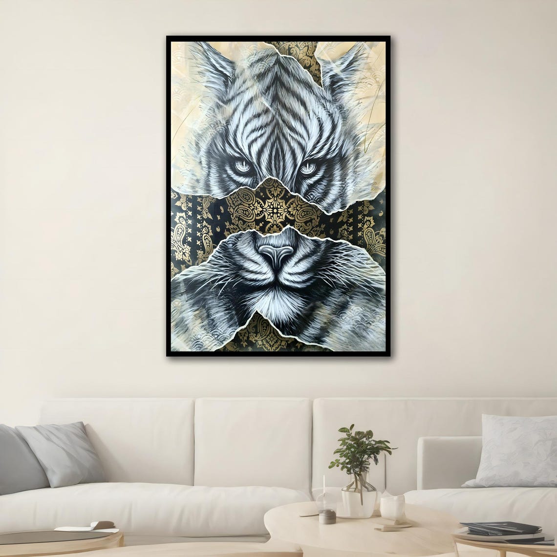 White Tiger Eyes Torn Paper Black Gold Damask Elegant Wildlife Poster - Image 2