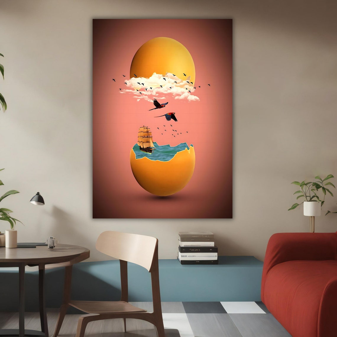 Surreal Giant Golden Egg Ship Ocean Birds Sunset Surrealism Art Poster - Image 4