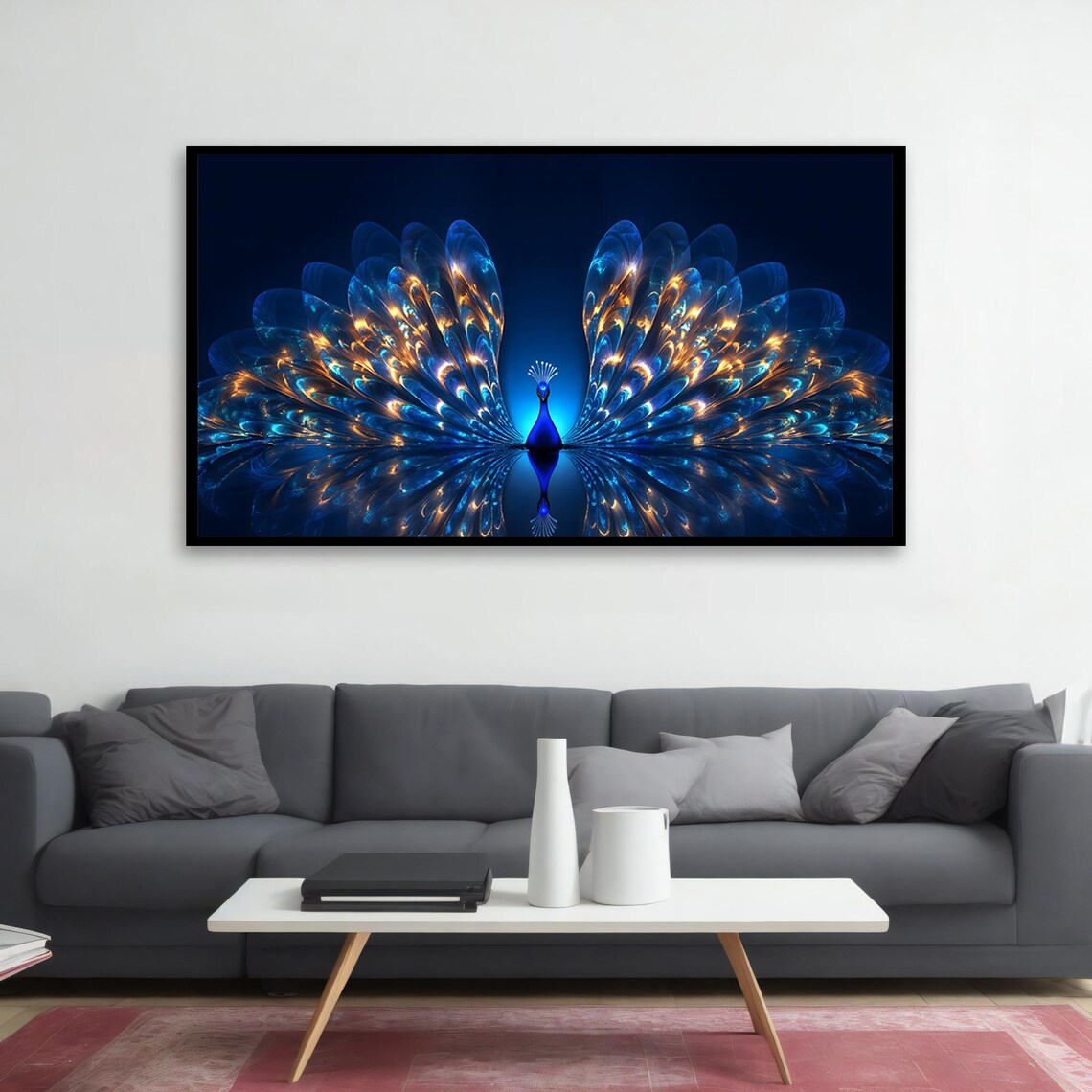 Blue and Gold Peacock Fractal Tail Feathers Dark Wall Art Poster - Image 2