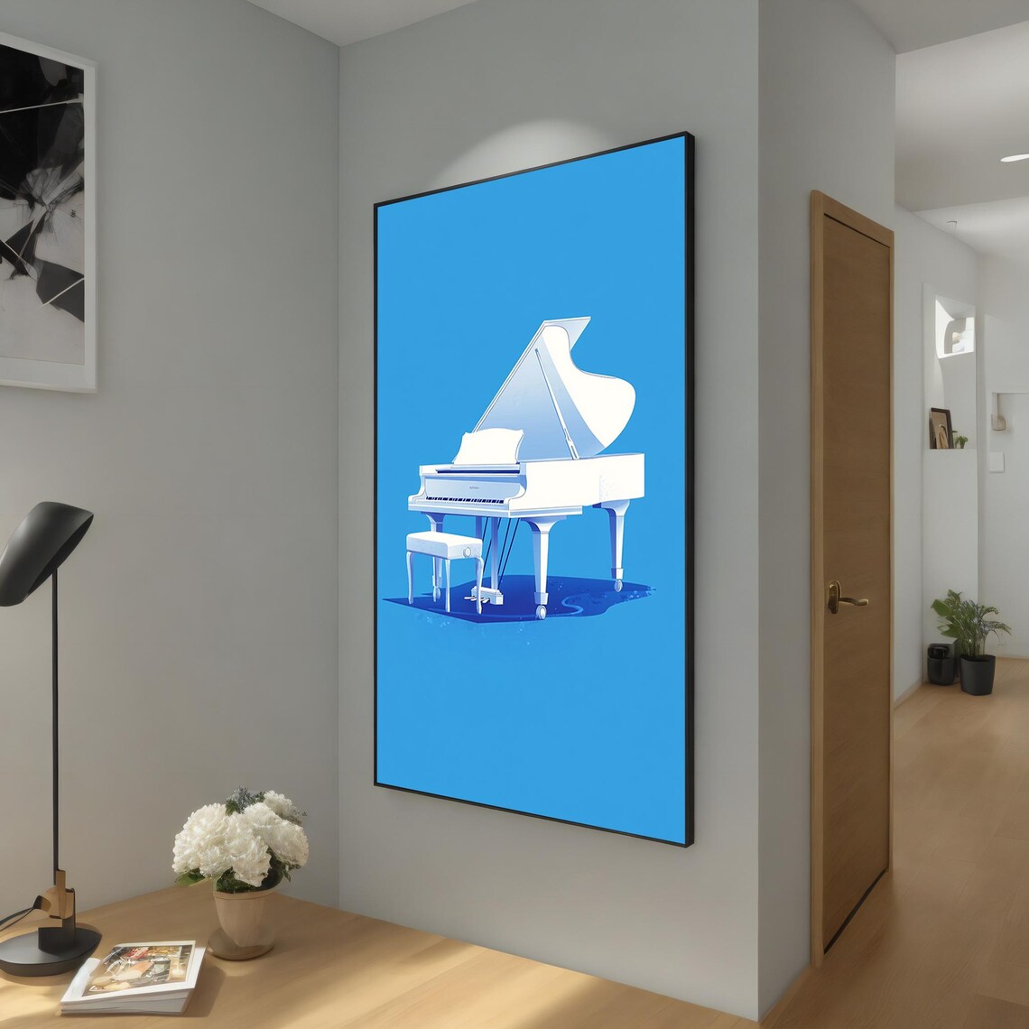 Minimalist White Grand Piano Bold Blue Background Modern Music Room Decor Poster