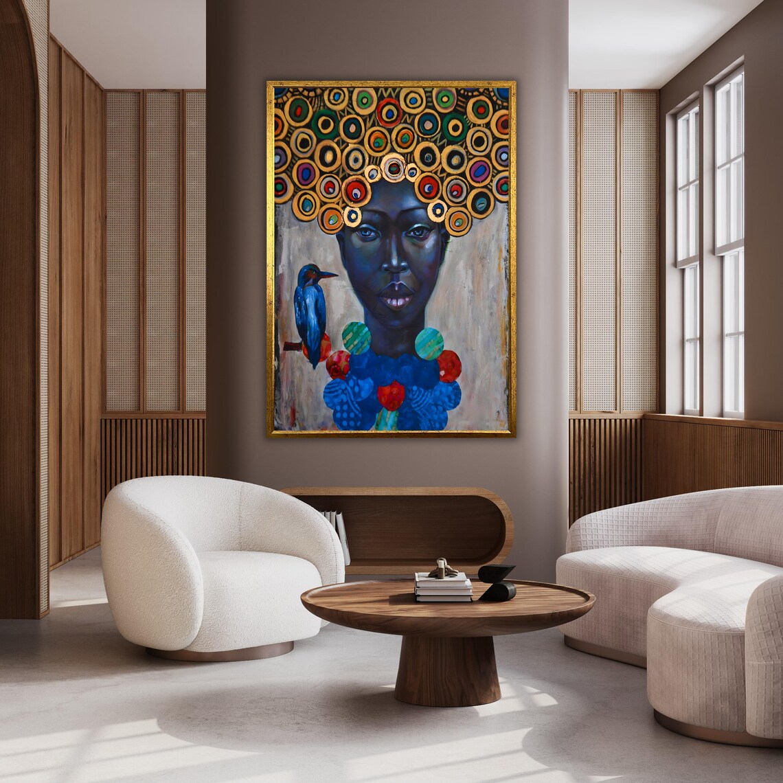 Colorful Circle Headdress Woman Portrait Blue Bird Modern Art Poster - Image 2