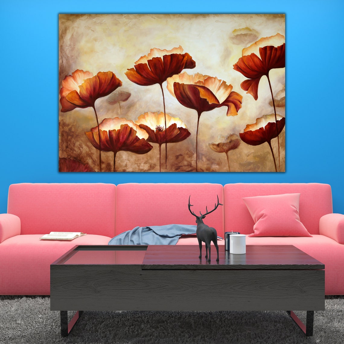 Sunset Poppy Flowers Textured Painting Warm Orange Red Blooms Wall Art - Image 2