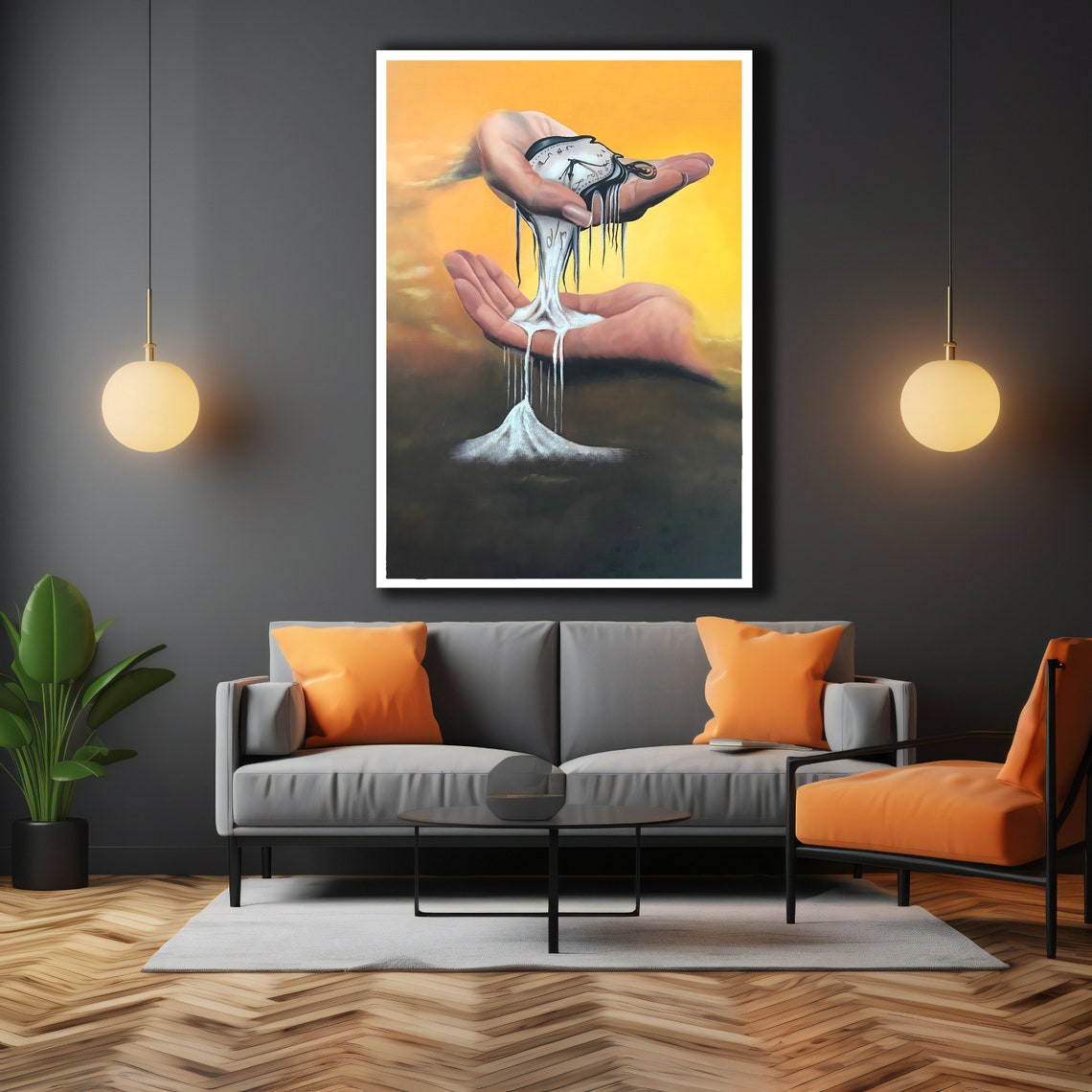 Melting Clock Held By Hands Golden Sunset Surreal Time Art Poster - Image 3
