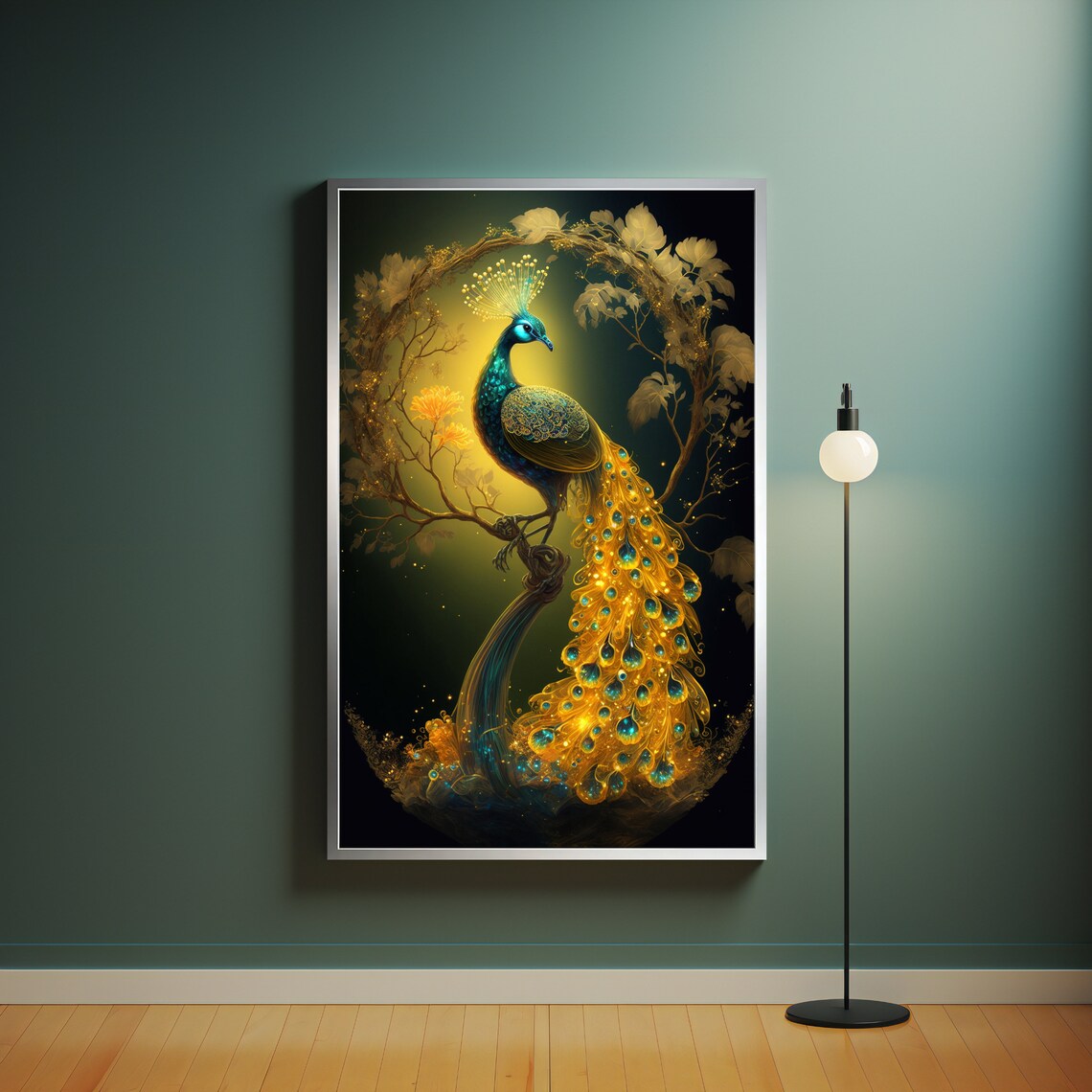 Golden Peacock Perched Under Floral Wreath Dark Glam Art Poster - Image 4