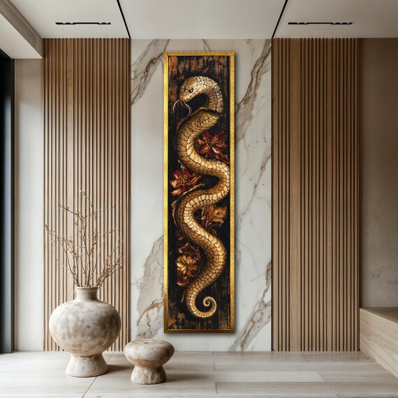 Golden Snake Print Long Thin Wall Art Snake Vertical Wall Art Unique Home Decor For Nature Lovers And Gift Enthusiasts