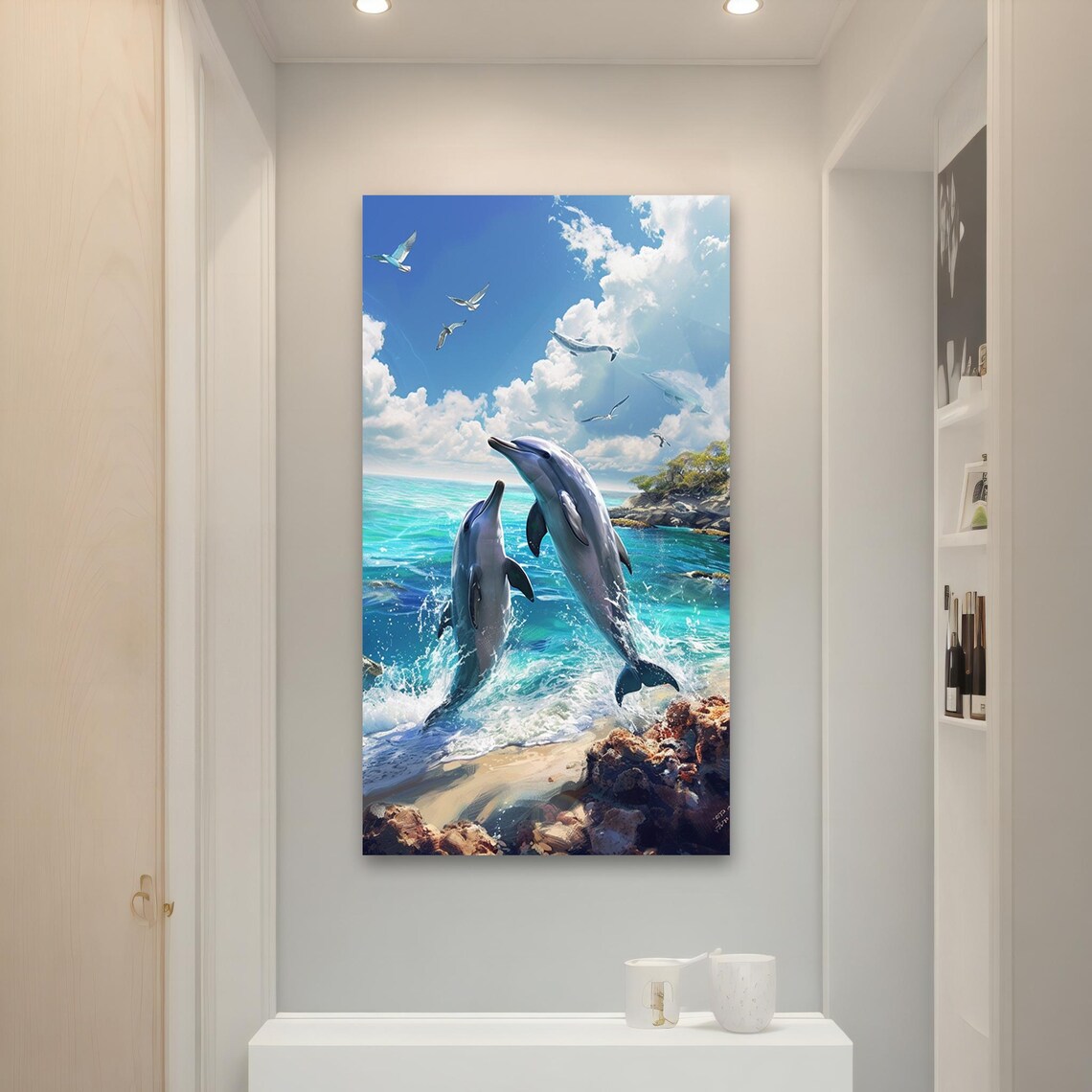 Dolphin Fish Painting Dolphins Jumping Ocean Art Coastal Wall Decor Seascape Wall Art Beach House Gift - Image 4