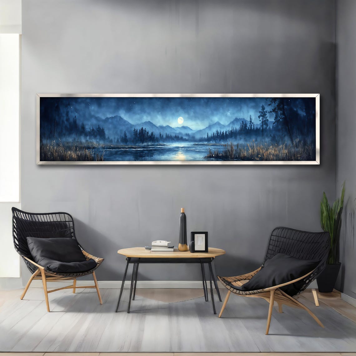 Moonlit Blue Forest Lake Panoramic Night Reflection Art Poster - Image 4