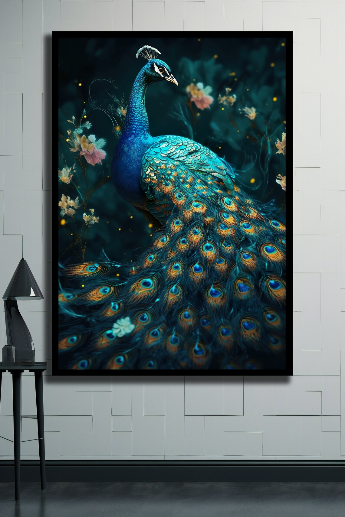 Majestic Blue Peacock Full Tail Feathers Dark Floral Animal Art Poster - Image 2