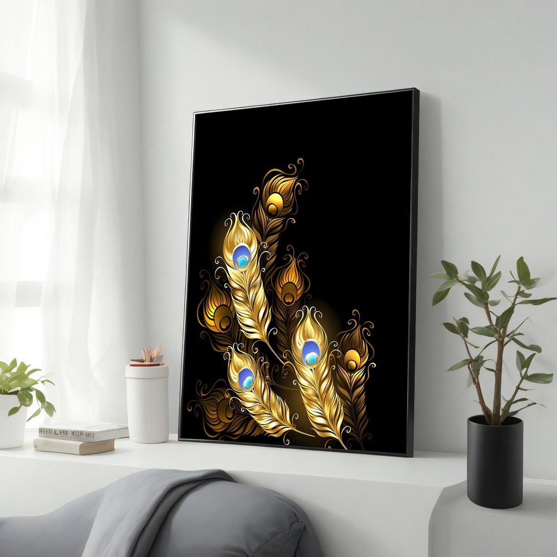 Golden Peacock Feathers On Black Elegant Luxury Wall Art Poster