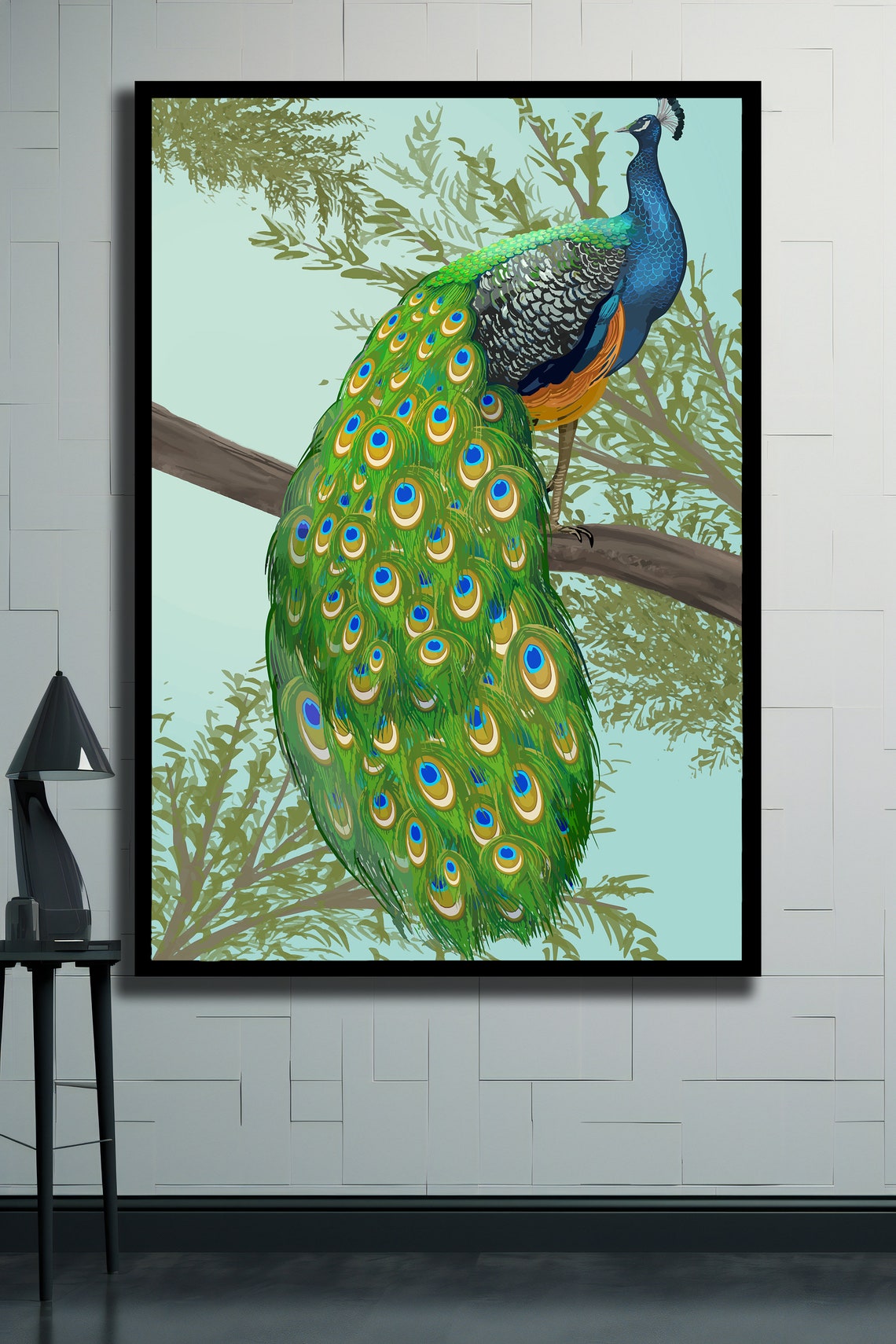 Majestic Peacock Perched on Branch Colorful Bird Illustration Poster - Image 2