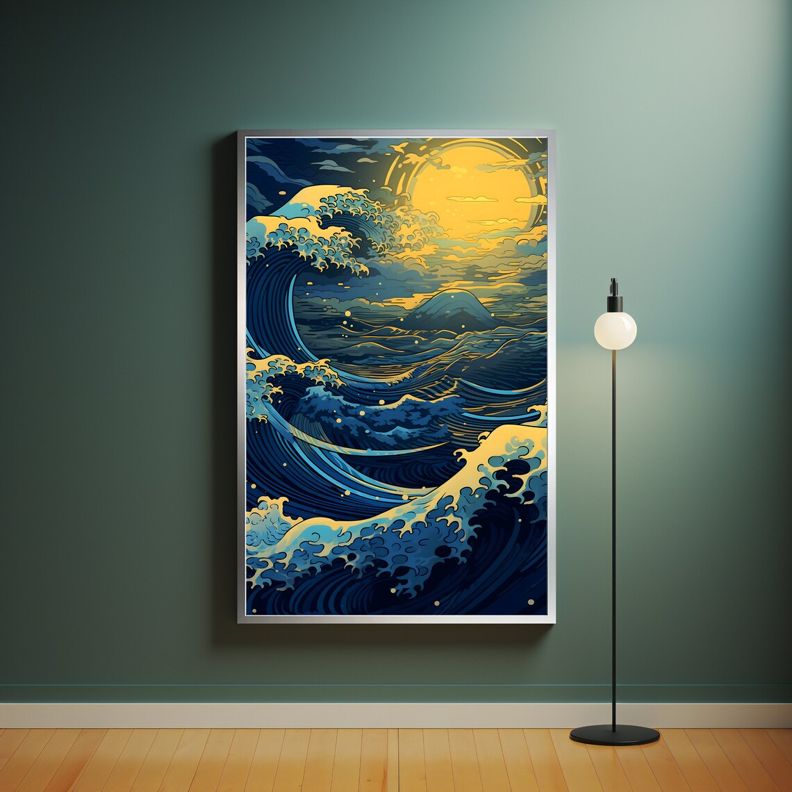 Golden Great Wave Moon Japanese Ocean Swirls Hokusai Style Art Poster - Image 4