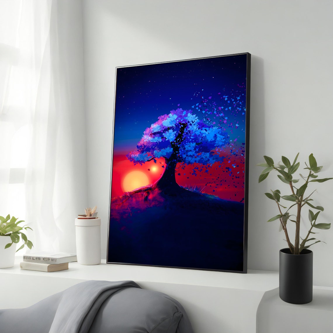 Lone Blue Tree Red Sunset Starry Night Surreal Nature Poster