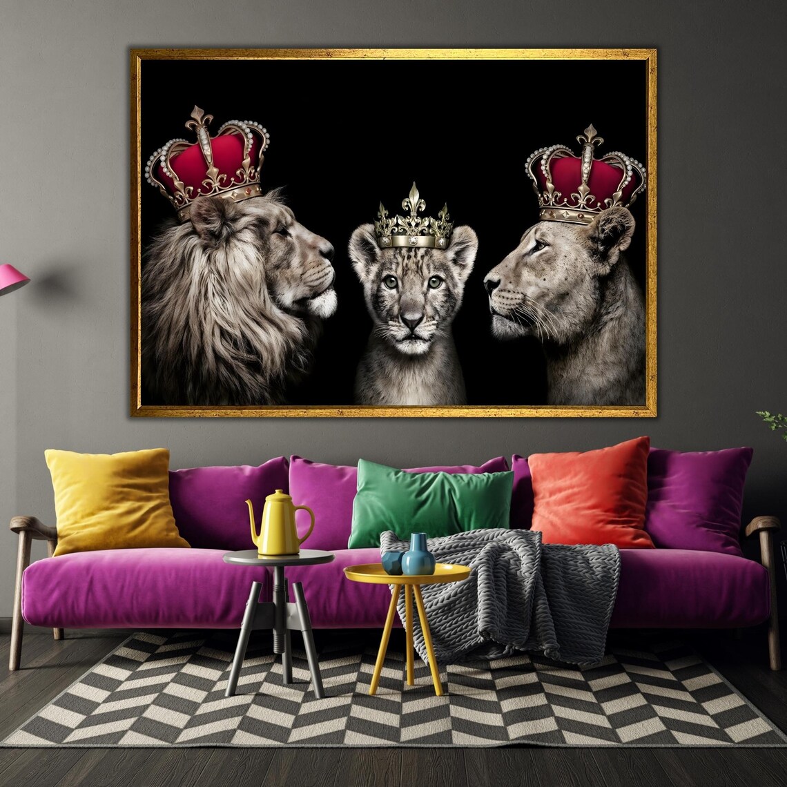 Royal Lion Family Wearing Gold Crowns Black Background Animal Wall Art - Image 3