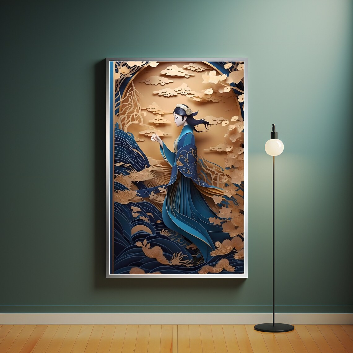 Paper Cut Style Woman in Blue Kimono Waves and Golden Clouds Poster - Image 4