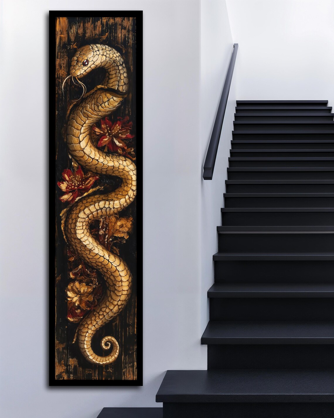 Golden Snake Print Long Thin Wall Art Snake Vertical Wall Art Unique Home Decor For Nature Lovers And Gift Enthusiasts - Image 3