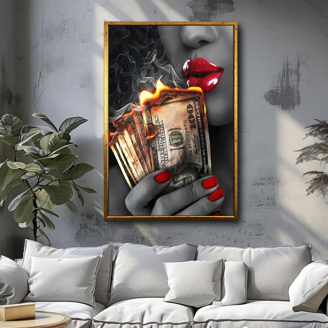 Stylish Print Artwork Room Decor Red Lipstick Burning Moneys Black And White Luxury Home Decor Piece Gift Idea - Image 3
