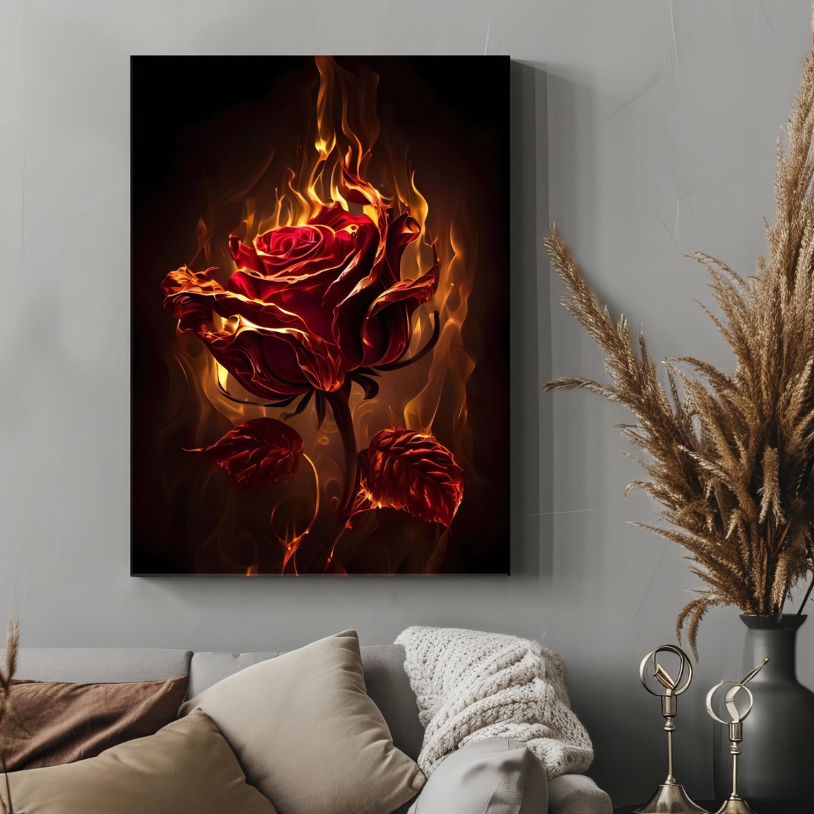 Flaming Red Rose in Fire on Black Dramatic Gothic Floral Art Poster - Image 4