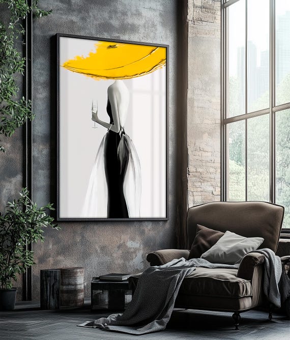 Stunning Fashion Lady Painting Minimalist Modern Wall Decor Abstract Woman With Yellow Hat Black Dress Luxury Gift