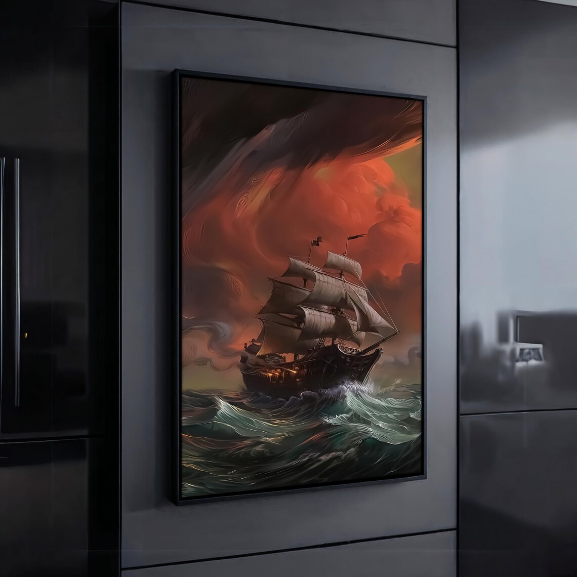 Pirate Ship Sailing Stormy Red Sunset Sea Nautical Fantasy Art Poster