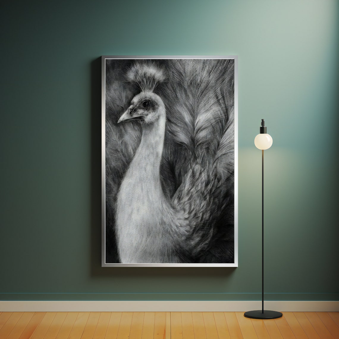 Black And White Peacock Charcoal Portrait Dramatic Bird Poster - Image 4