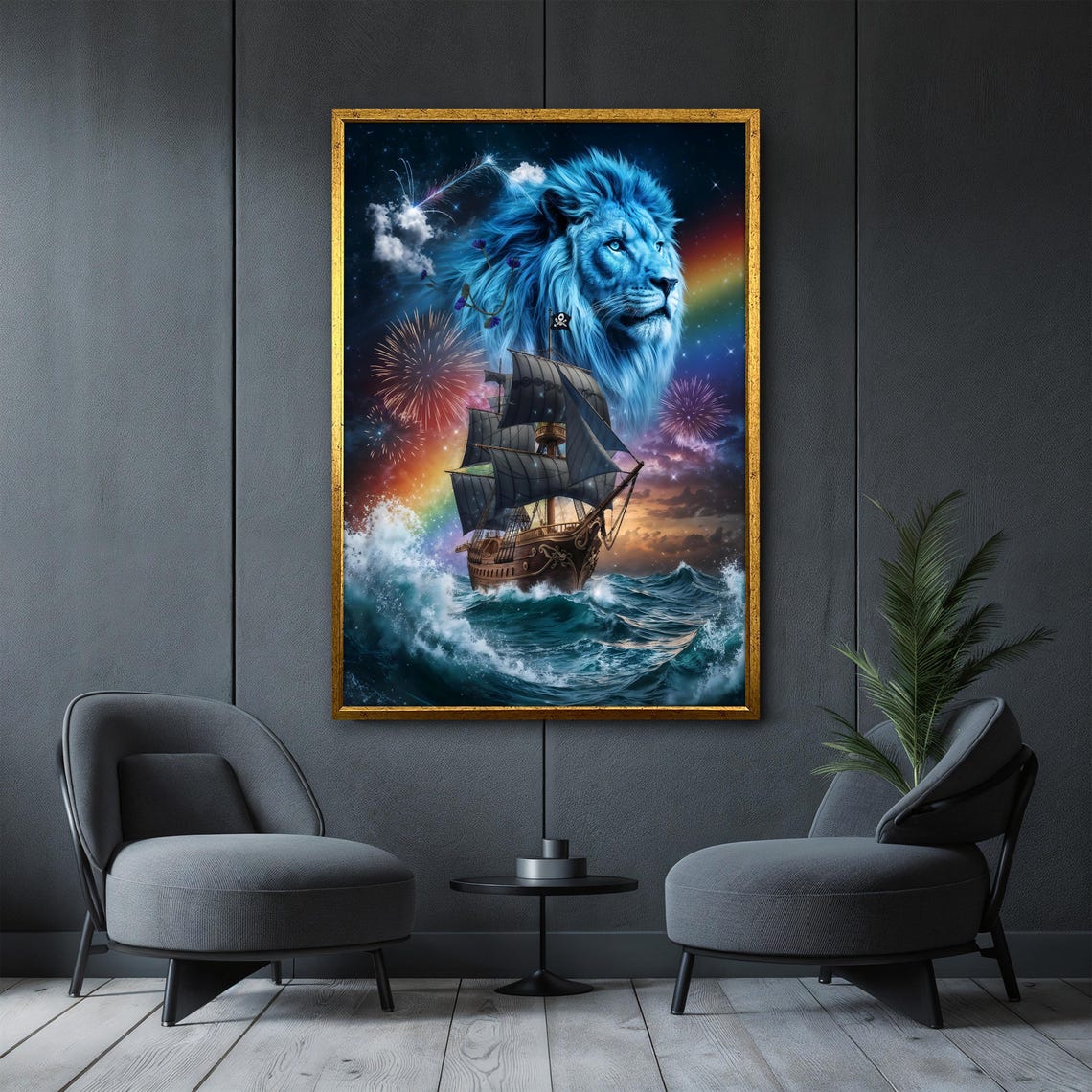 Majestic Blue Lion Fantasy Pirate Ship Fireworks Night Sky Wall Poster - Image 4