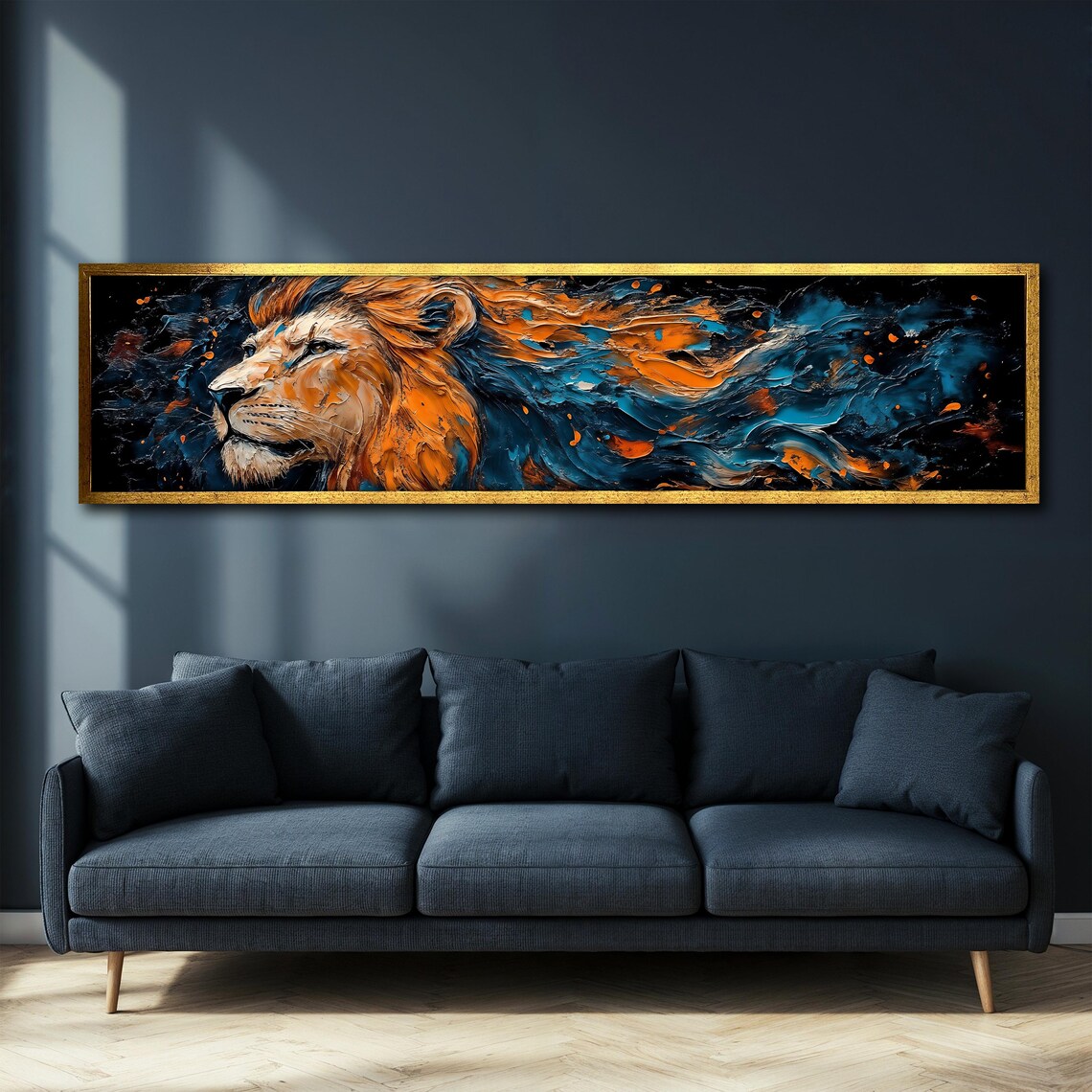 Abstract Lion Profile Orange Blue Mane on Black Panoramic Wall Art Poster