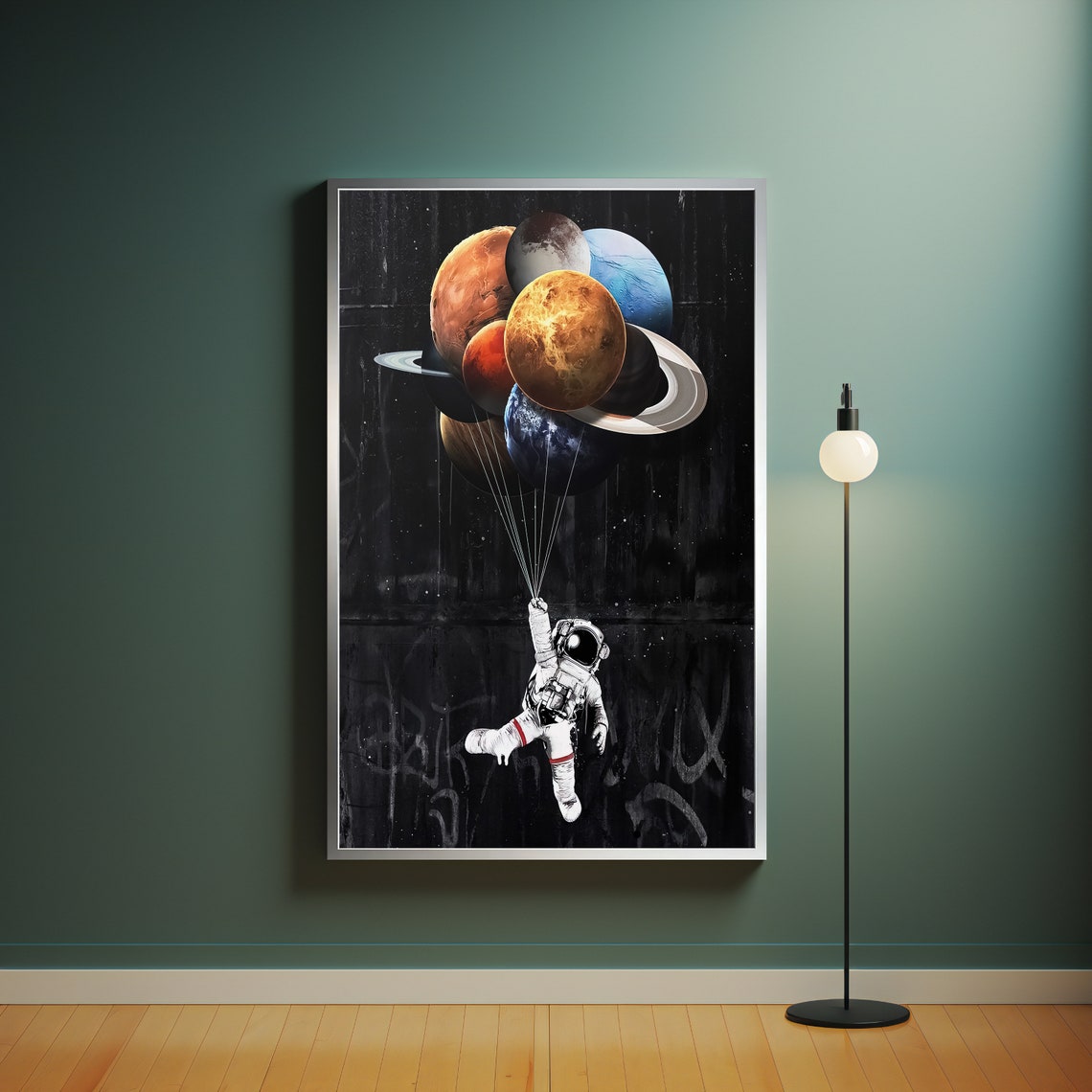 Astronaut Floating With Planet Balloons Surreal Space Art Poster - Image 4