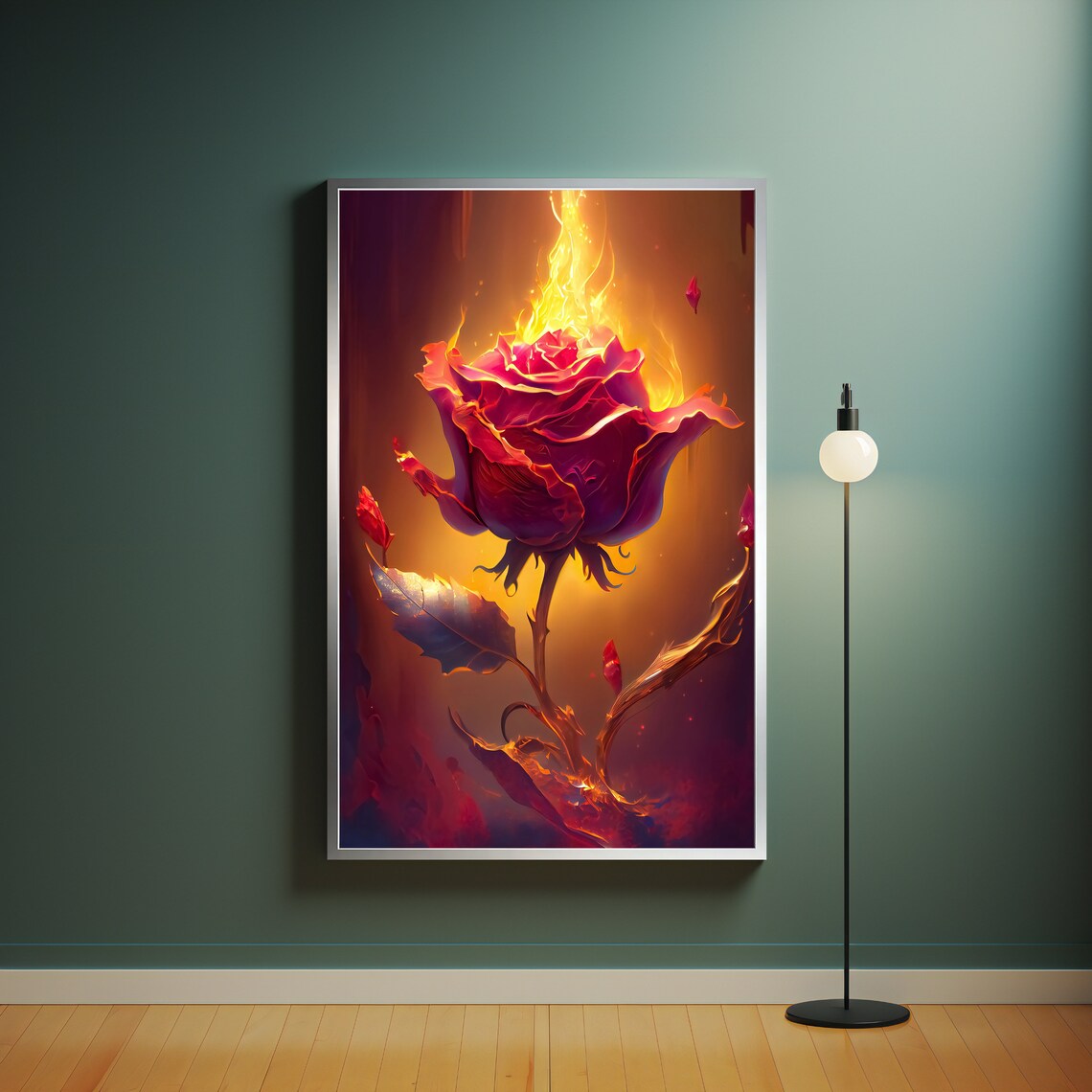 Burning Pink Rose Glowing Fire Flower Dark Romantic Floral Art Poster - Image 4