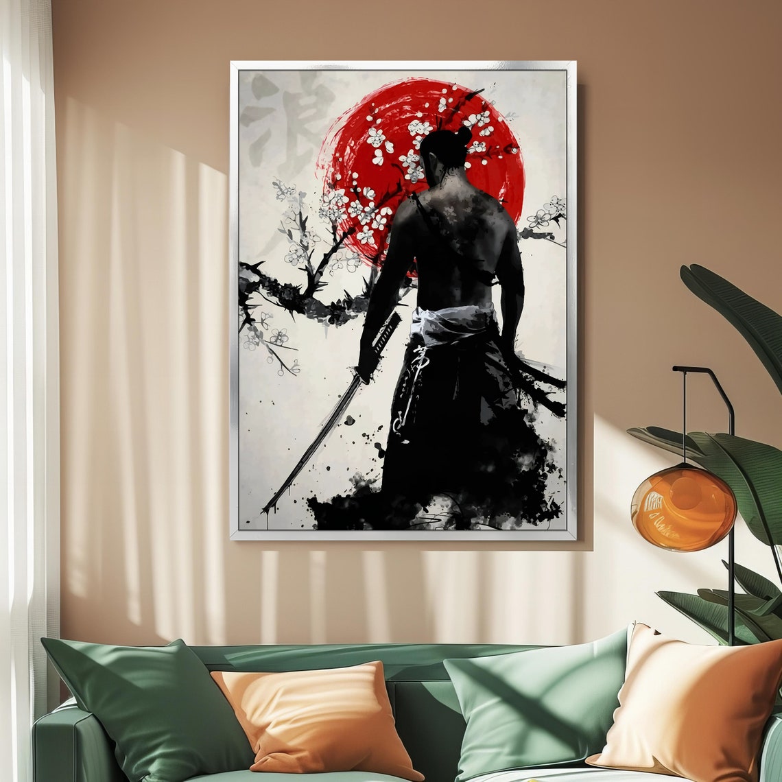 Samurai Silhouette Red Sun Cherry Blossom Japanese Ink Art Poster - Image 2