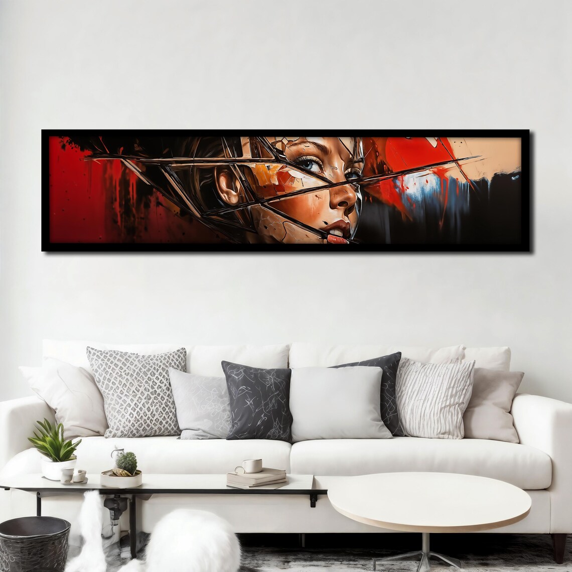 Shattered Glass Woman Portrait Red Black Panoramic Art Poster - Image 3