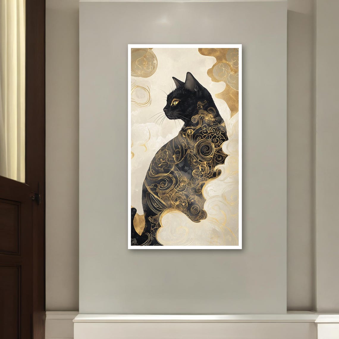 Black Cat Profile with Golden Oriental Cloud Pattern Art Poster - Image 2