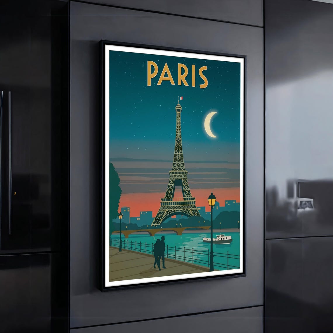 Vintage Paris Eiffel Tower Night Crescent Moon Seine Romance Poster