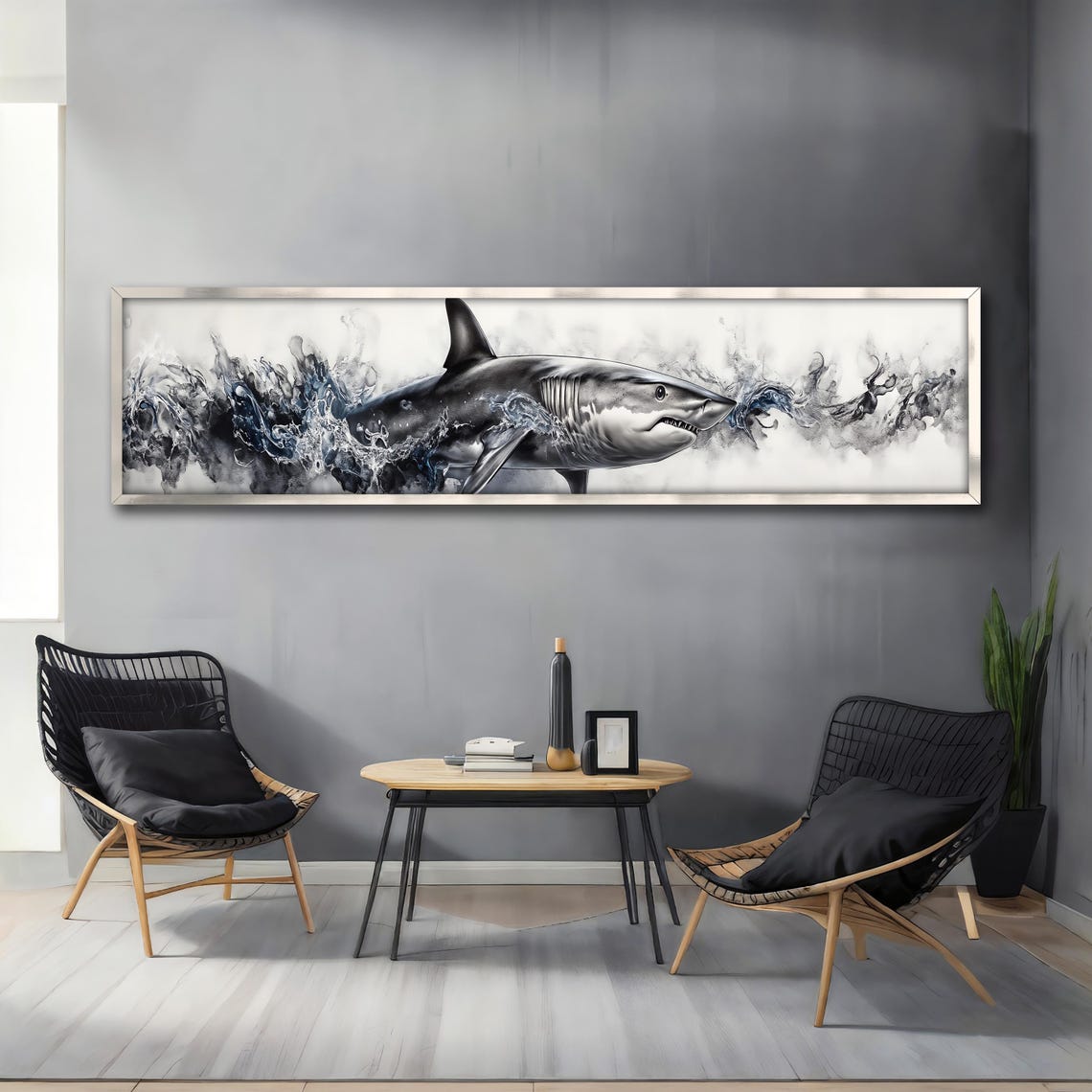Great White Shark Ink Splash Panoramic Ocean Animal Art Poster - Image 4