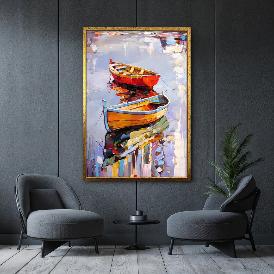 Two Colorful Fishing Boats Reflection Calm Water Painting Wall Art - Image 4